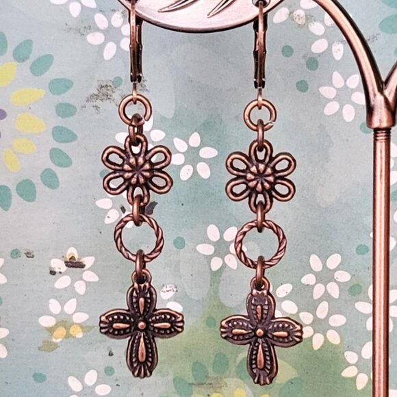 CROSS Daisy Flower Copper Brass Lever Back Earrings Southwestern Westernwear - Picture 4 of 10